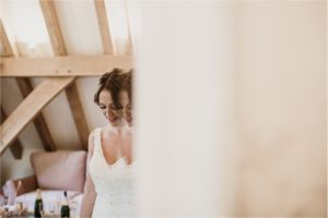 Bride in wedding dress at Old Kent Barn