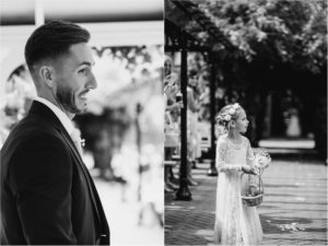Groom and Bridesmaids at wedding ceremony at Old Kent Barn