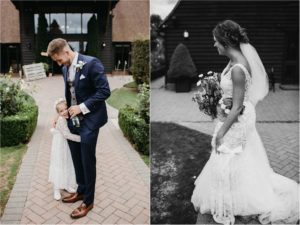 Bride, groom and flower girl after wedding ceremony at Old Kent Barn