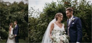 Portraits of bride and groom in the gardens of Old Kent Barn