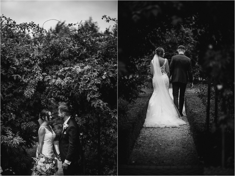 Portraits of bride and groom in the gardens of Old Kent Barn