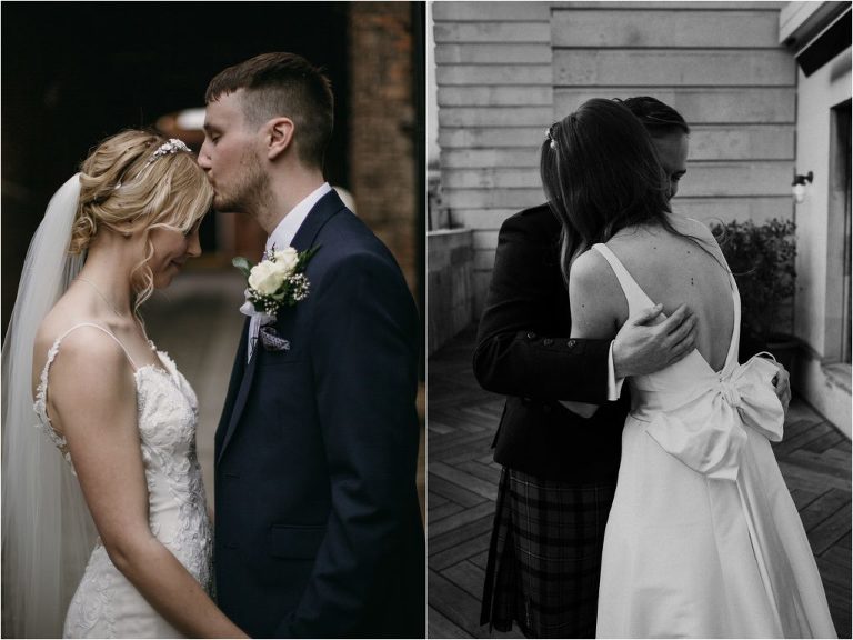 Bride and grooms embracing at The Ned Wedding and Shepherd Neame Brewery wedding